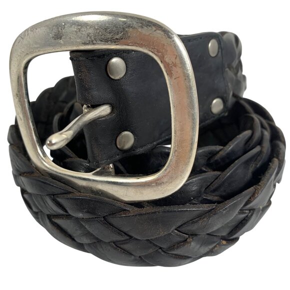 LUCKY BRAND Black Leather Braided Woven Belt Solid Brass Silver-Tone Buckle Mens - Picture 2 of 6